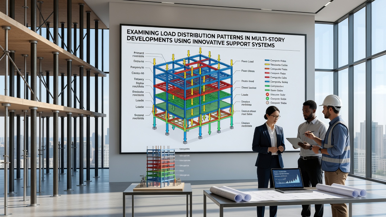 Cross-section diagram illustrating innovative support systems managing vertical and lateral loads in a multi-story structure