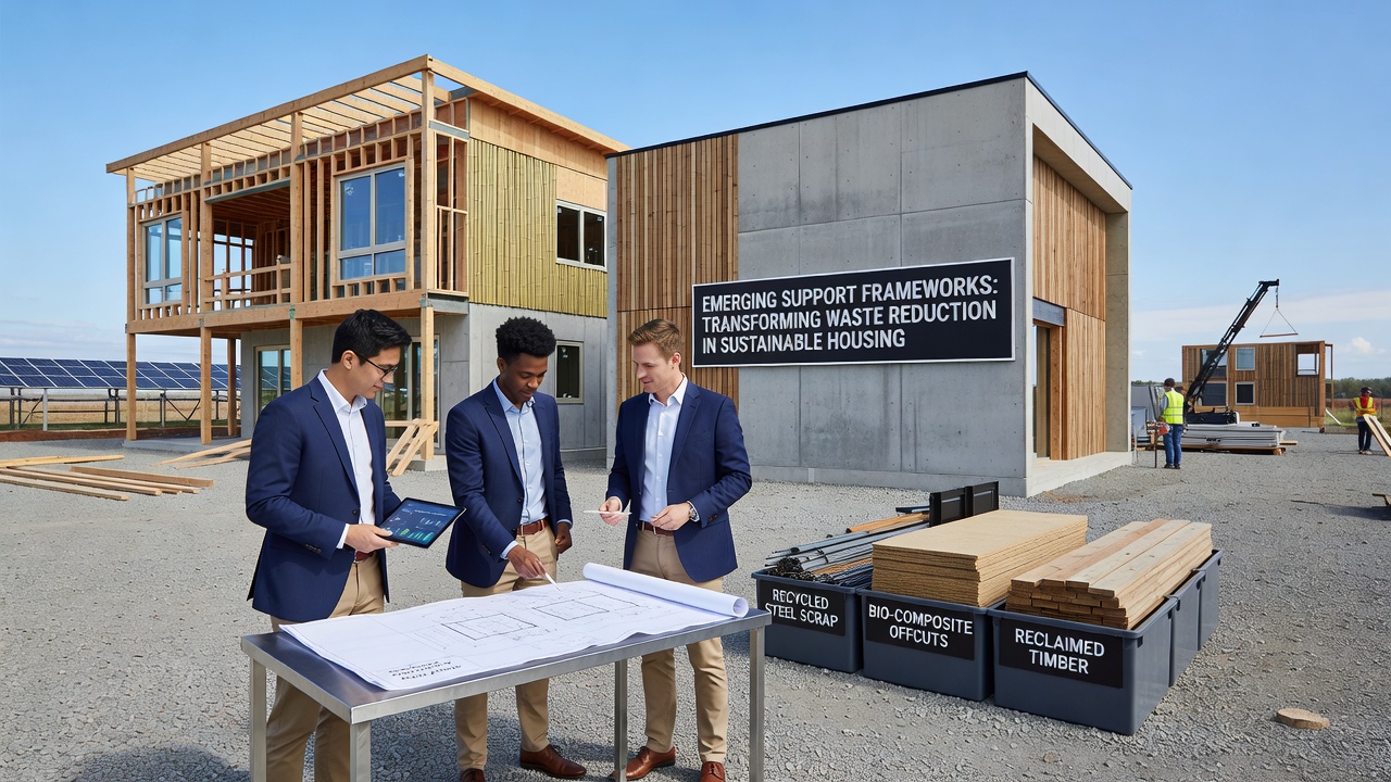 Sustainable housing project mid-construction with emerging support frameworks visibly reducing on-site material waste